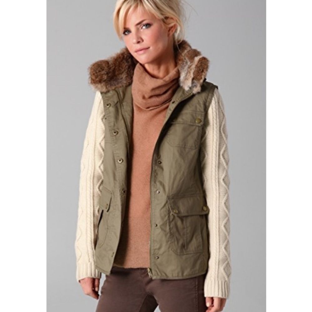 Dover Army Green Jacket Removable Fur Collar & Wool Knit Sleeve M NWOT $495